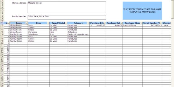 home inventory spreadsheet