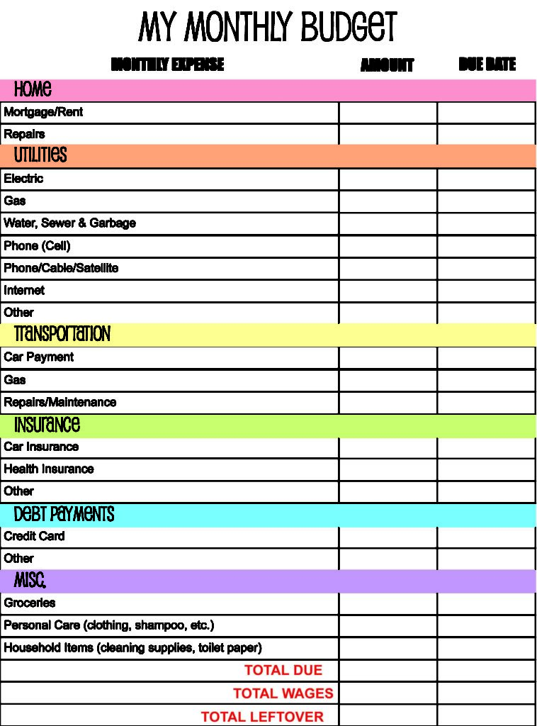 Monthly Budget Worksheet Printable Free