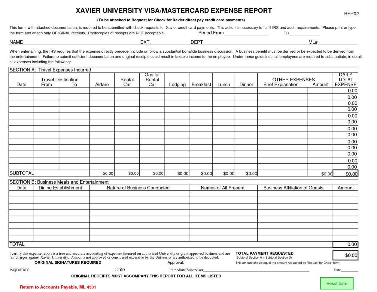 Expense Report Forms Printable Credit Card Expense Report Template