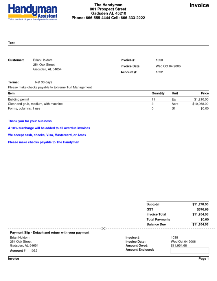 Handyman Invoice Spreadsheet Templates for Busines Handyman Receipt