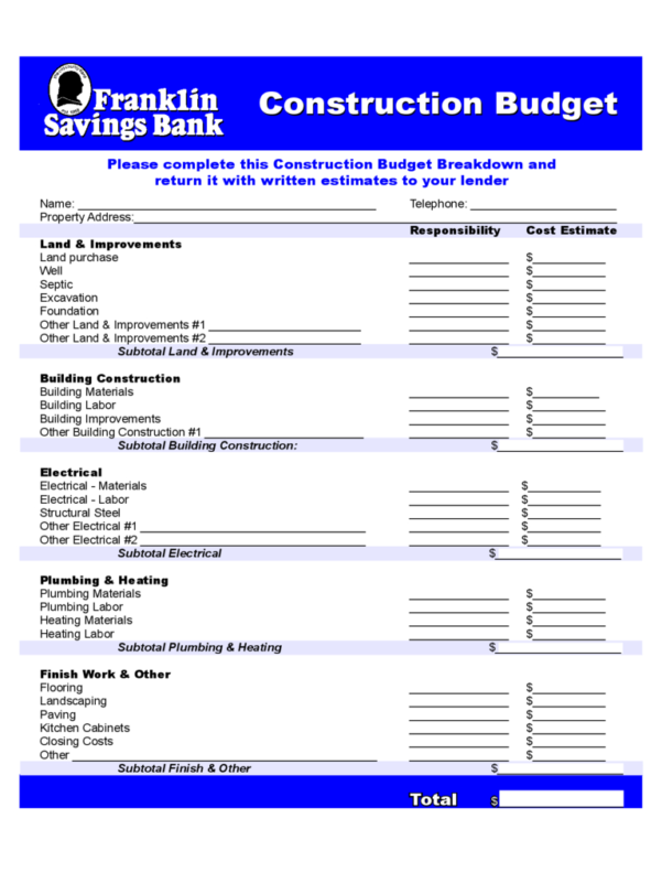 Construction Free Printable Estimate Forms
