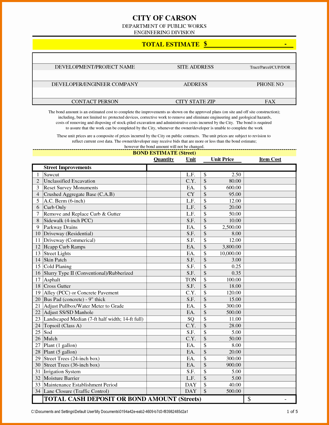 Excel Construction Estimate Template Download Free Example Of Spreadshee Excel Construction