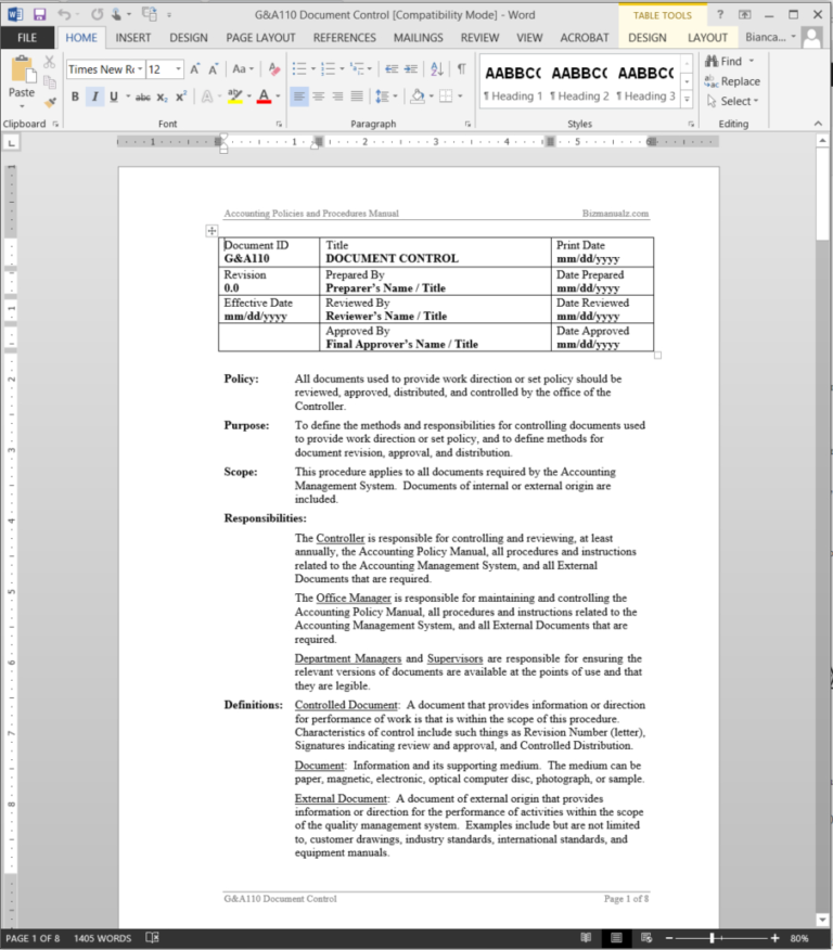 Iso Document Control Document Control Procedure Template Within