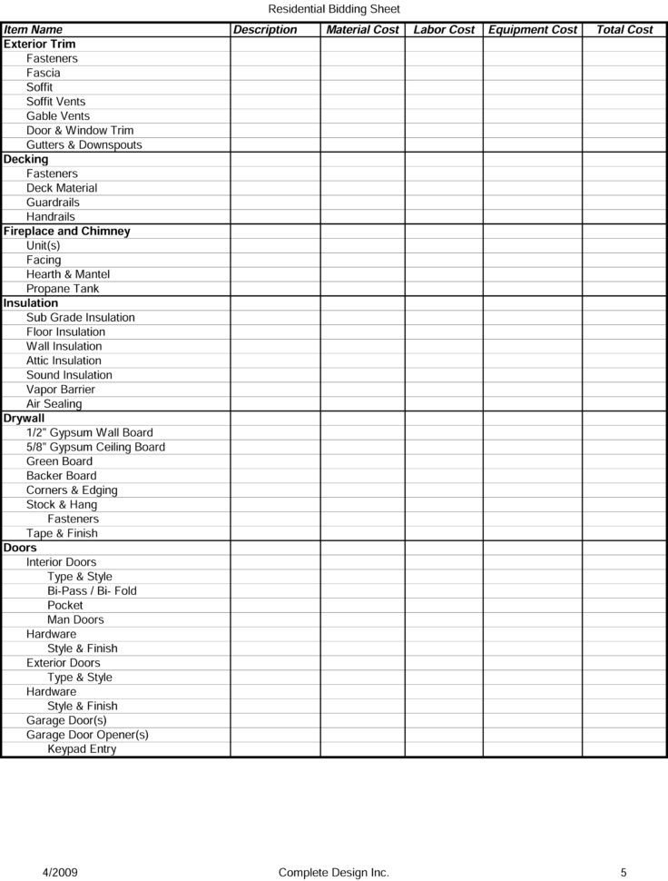 Residential Construction Bid Form Example Of Spreadshee Residential Construction Estimate Form 