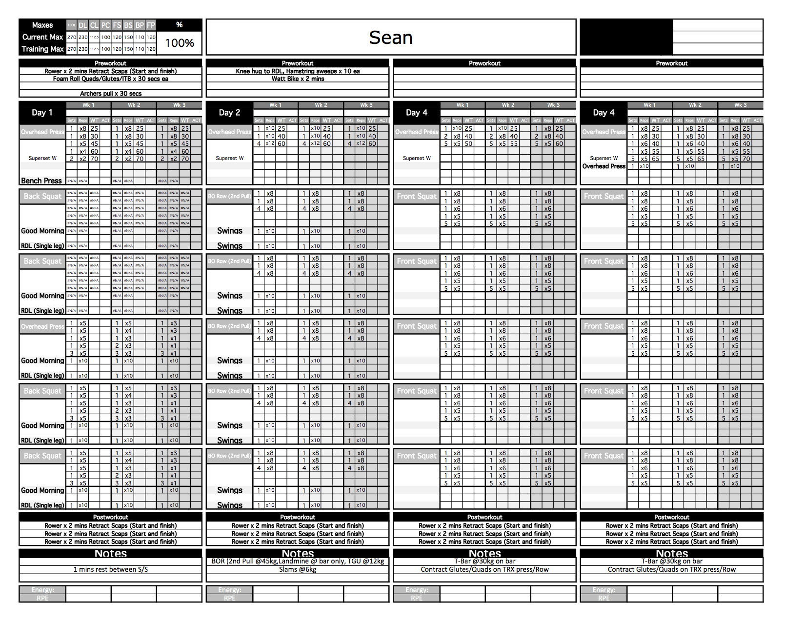 5 Day 5x5 workout spreadsheet pdf for push your ABS