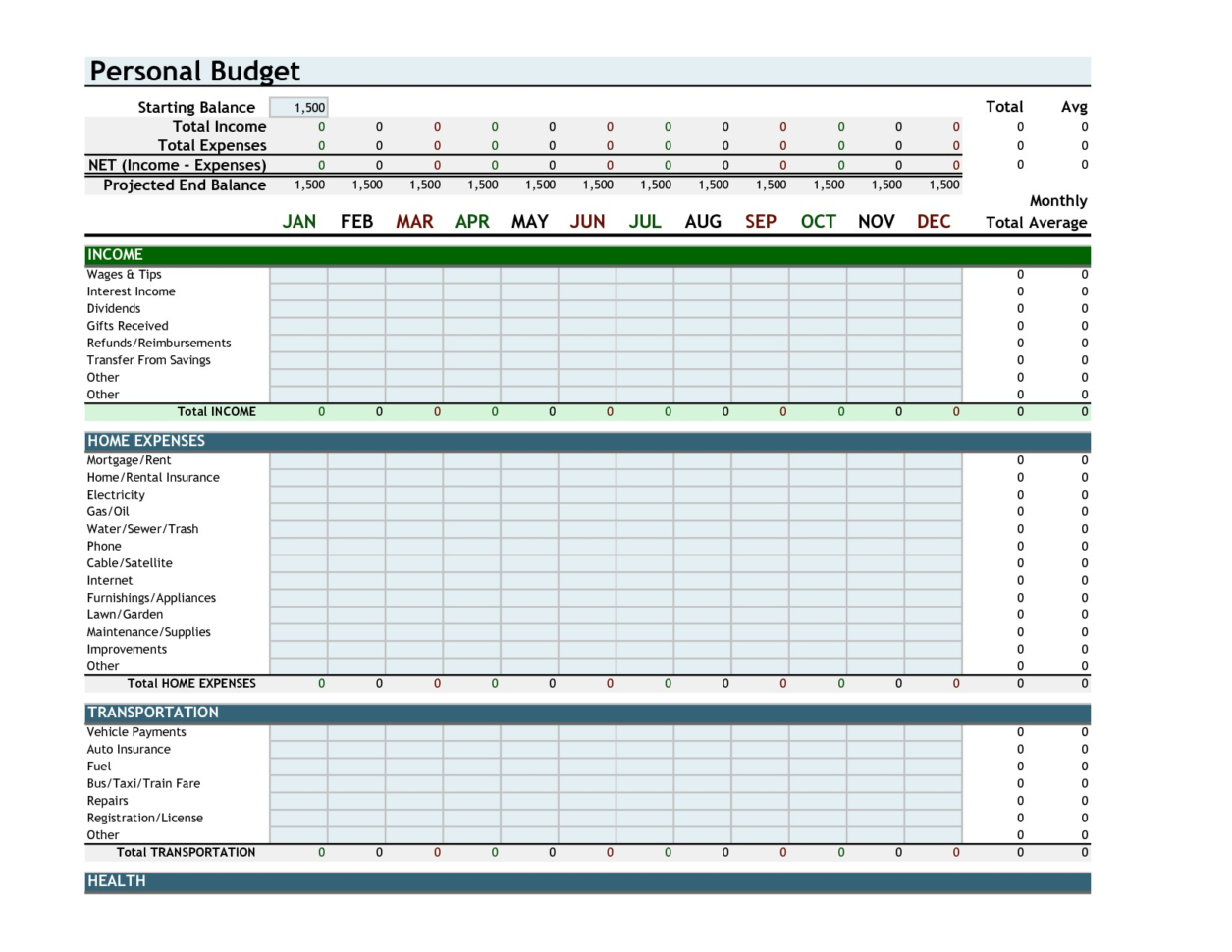 Sample Excel Personal Budget Spreadsheet