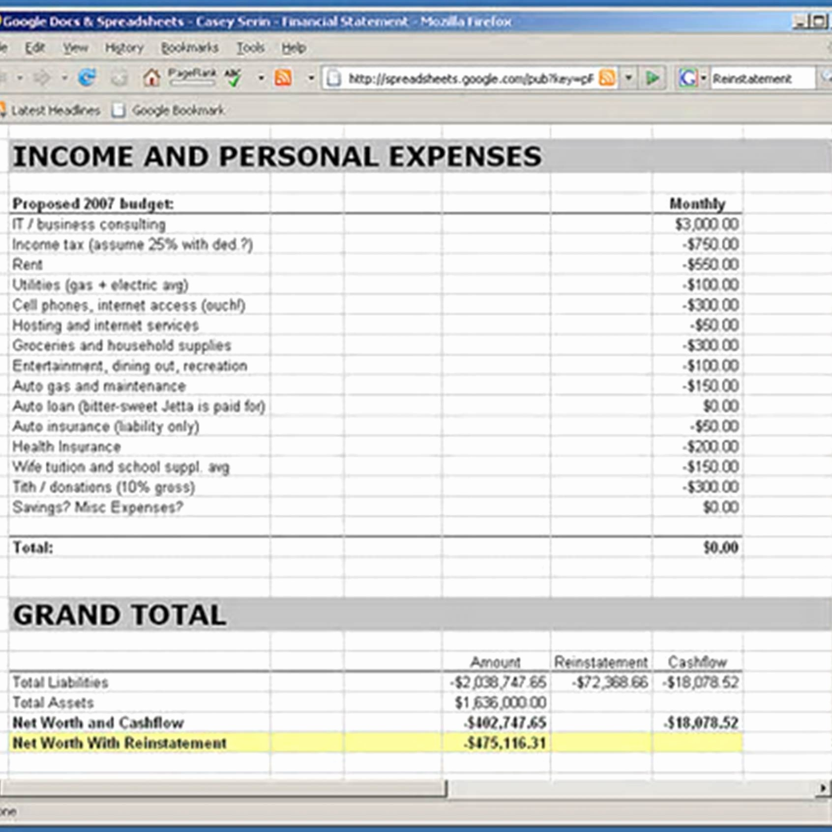 Sample Personal Finance Spreadsheet