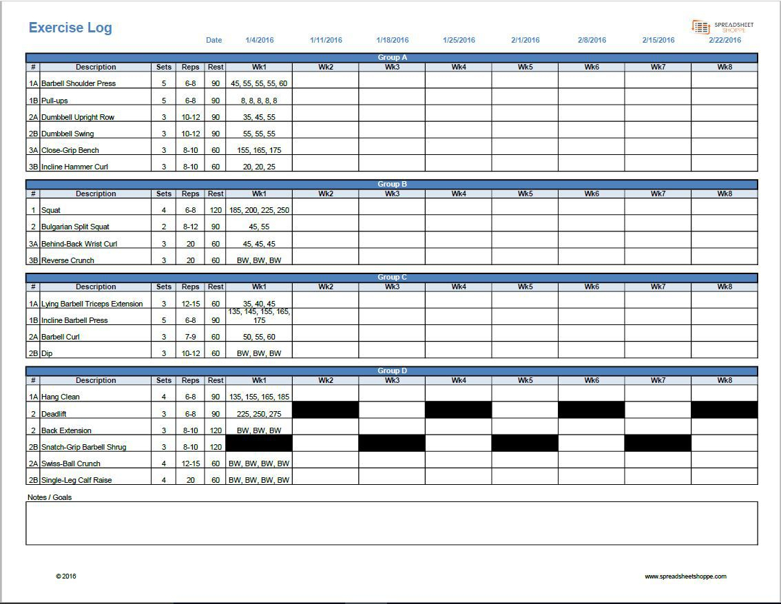 5 Day Workout Program Template Google Sheets for Push Pull Legs