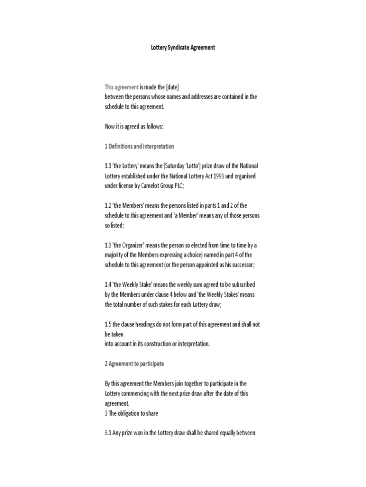 Lottery Syndicate Agreement Template Word 