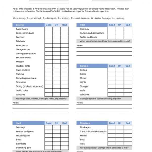 Home Inspection Checklist Spreadsheet