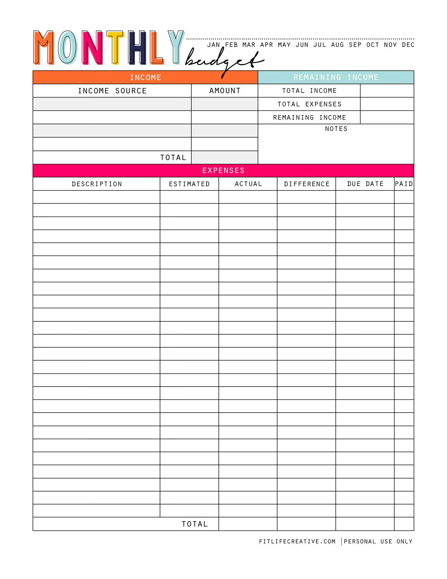 free printable monthly budget template excel