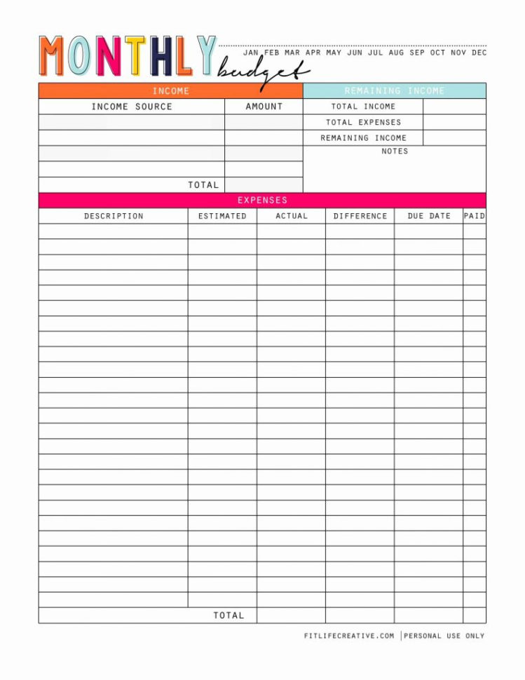 Free Printable Spreadsheet For Monthly Bills