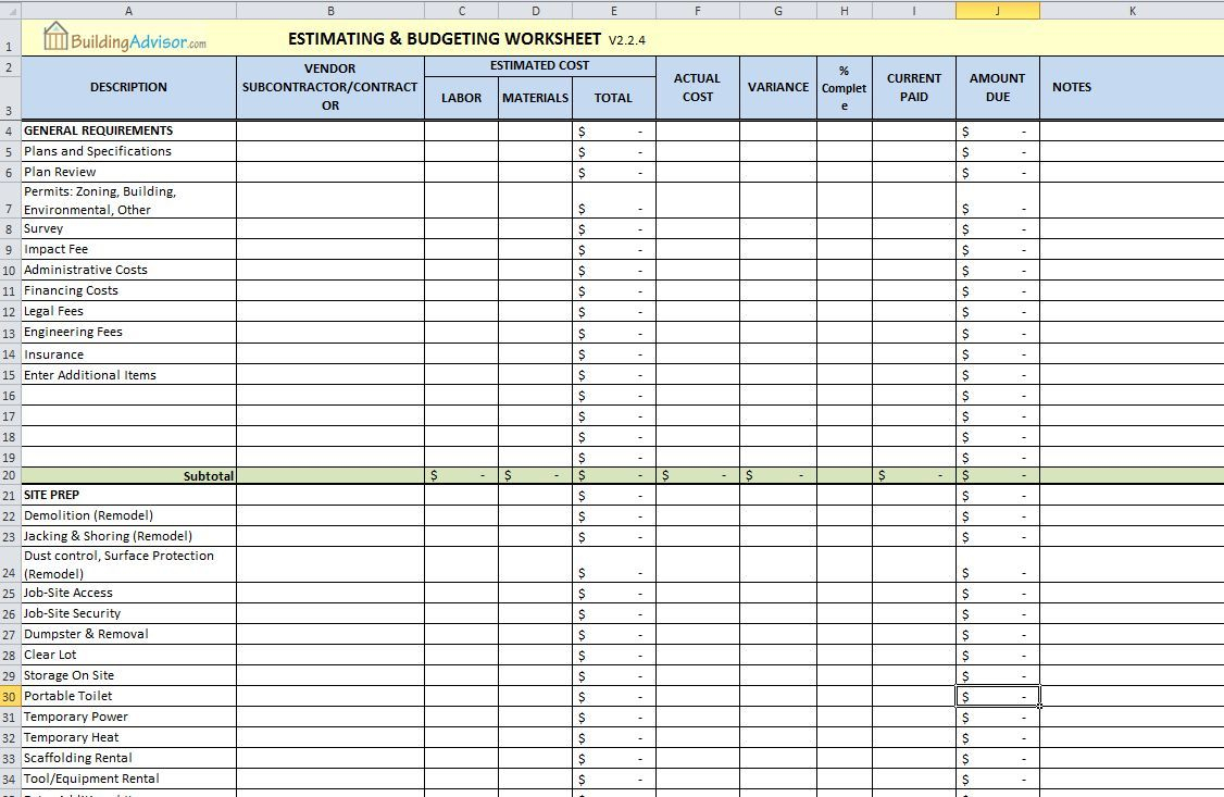 Renovation Budget Spreadsheet Template Google Spreadshee home