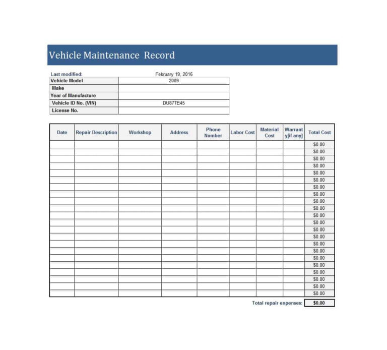 Vehicle Maintenance Spreadsheet Db Excel