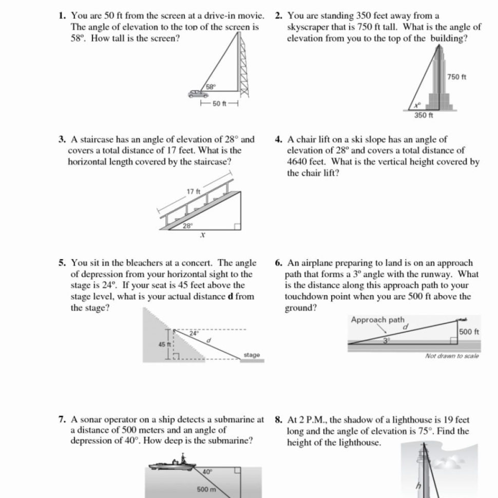 Angle Of Elevation And Depression Trig Worksheets