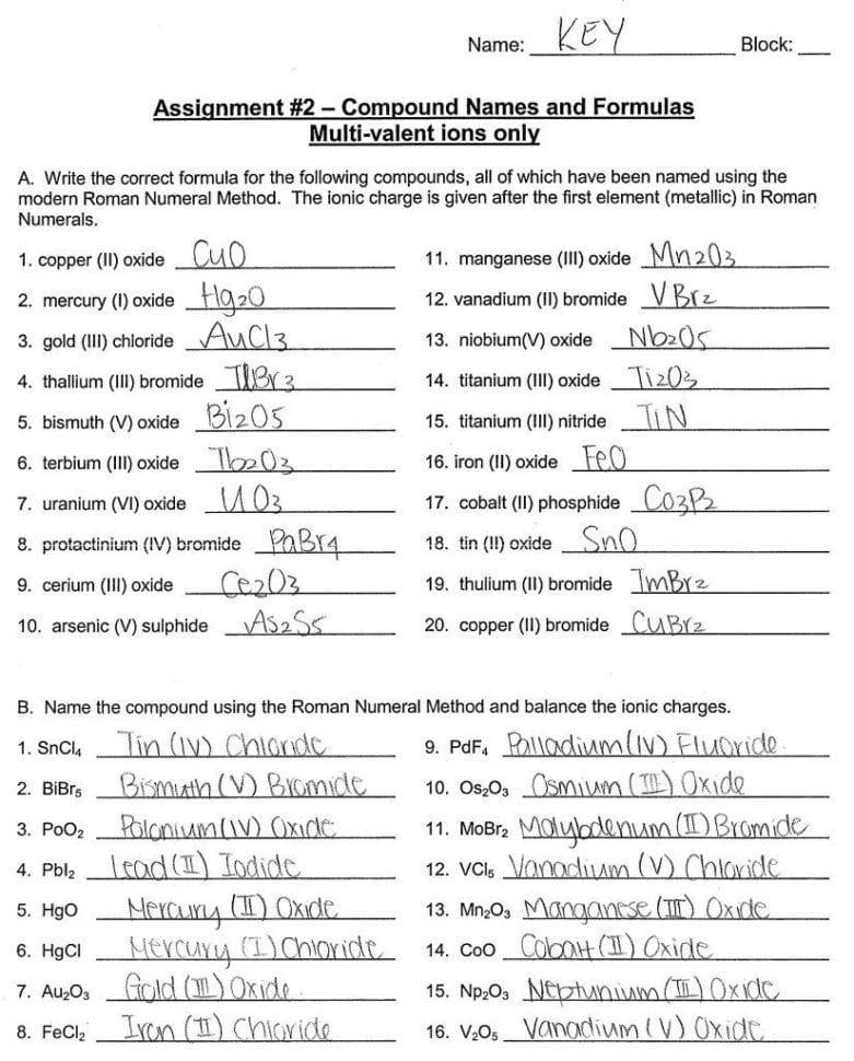 Chemical Formulas And Names Of Ionic Compounds Worksheet Db Excel