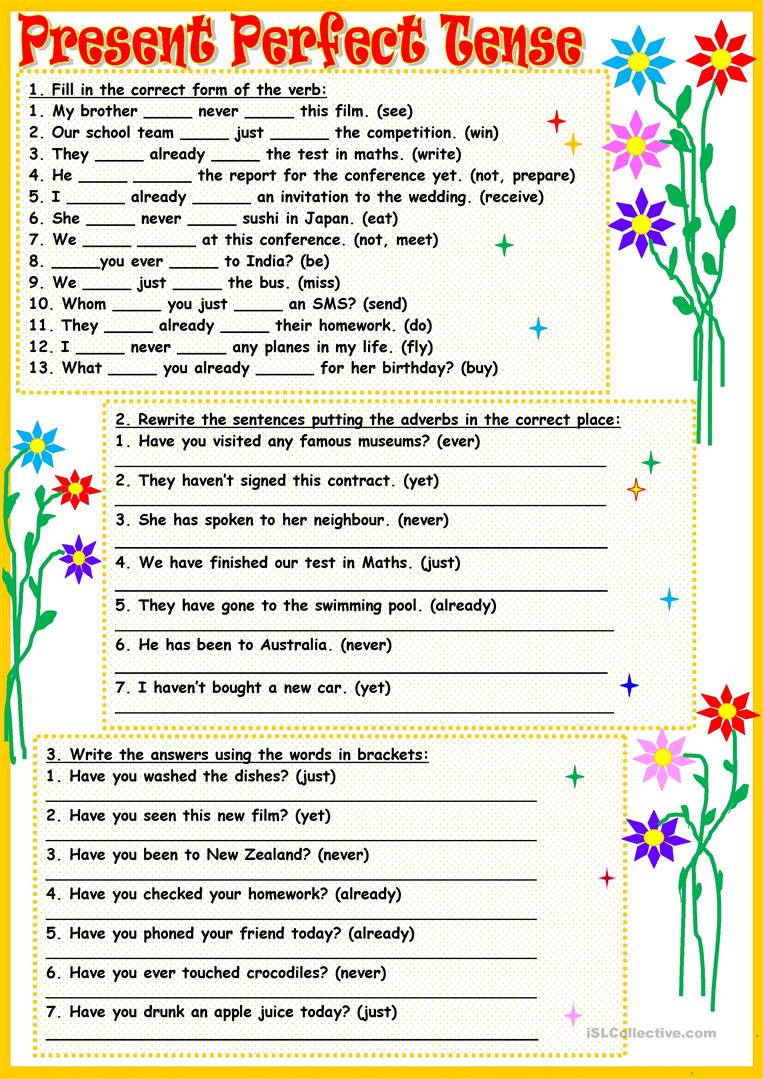 Present Perfect Tense Worksheet For Class