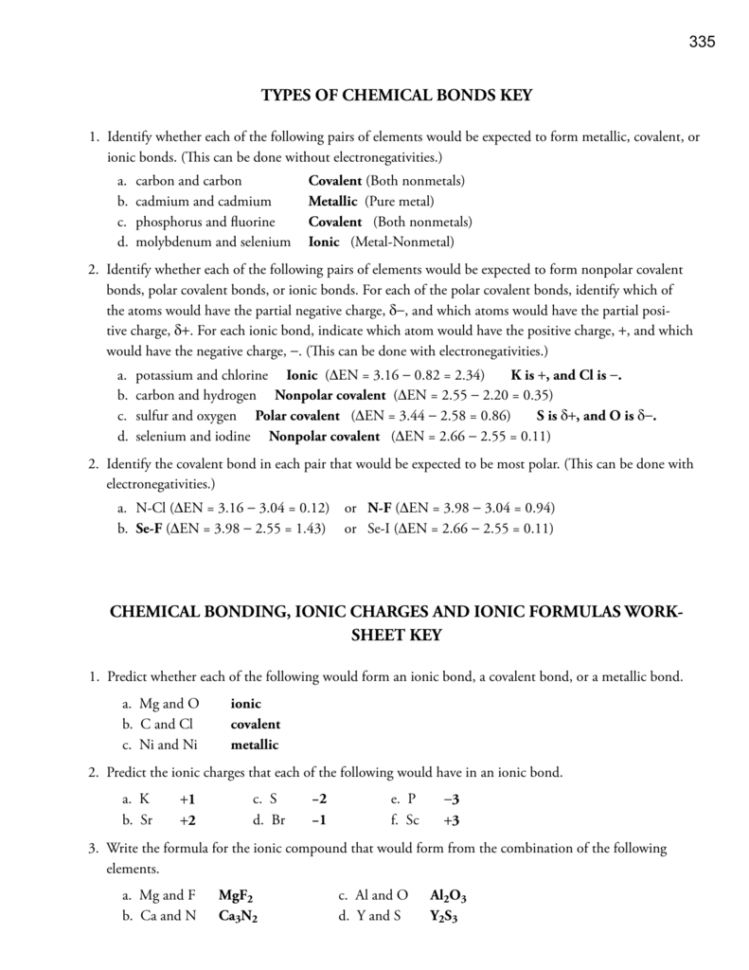 Types Of Bonds Worksheet Answers