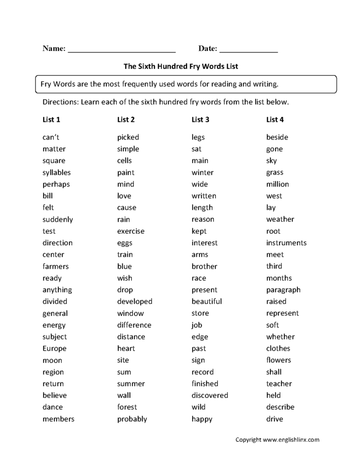 Sixth Grade Vocabulary Worksheets