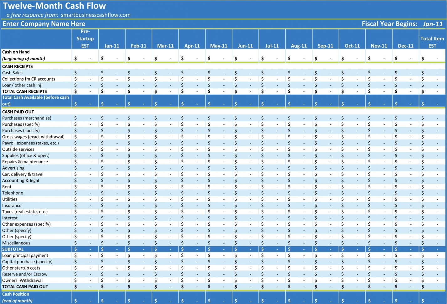 Microsoft Excel Cash Flow Template