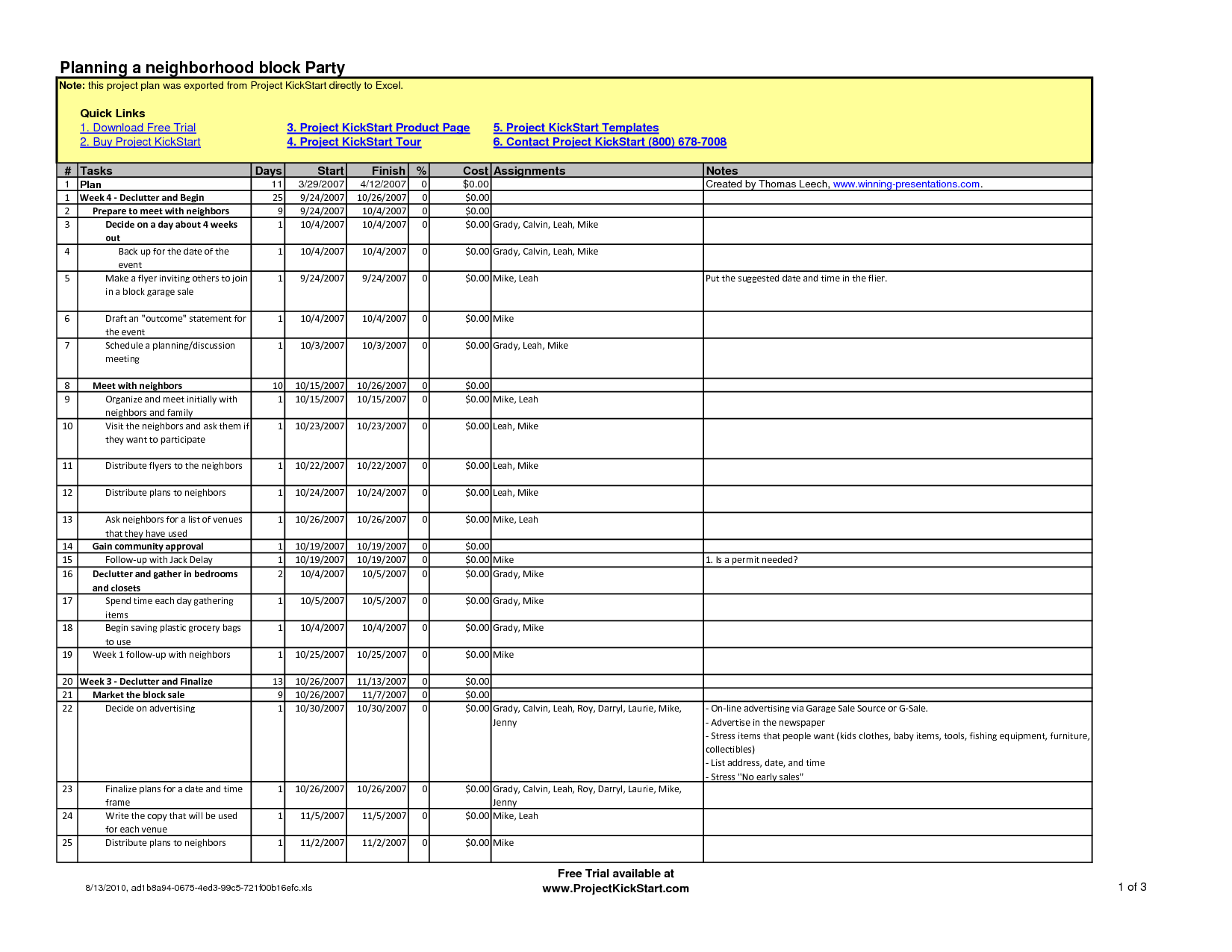 excel templates free project management