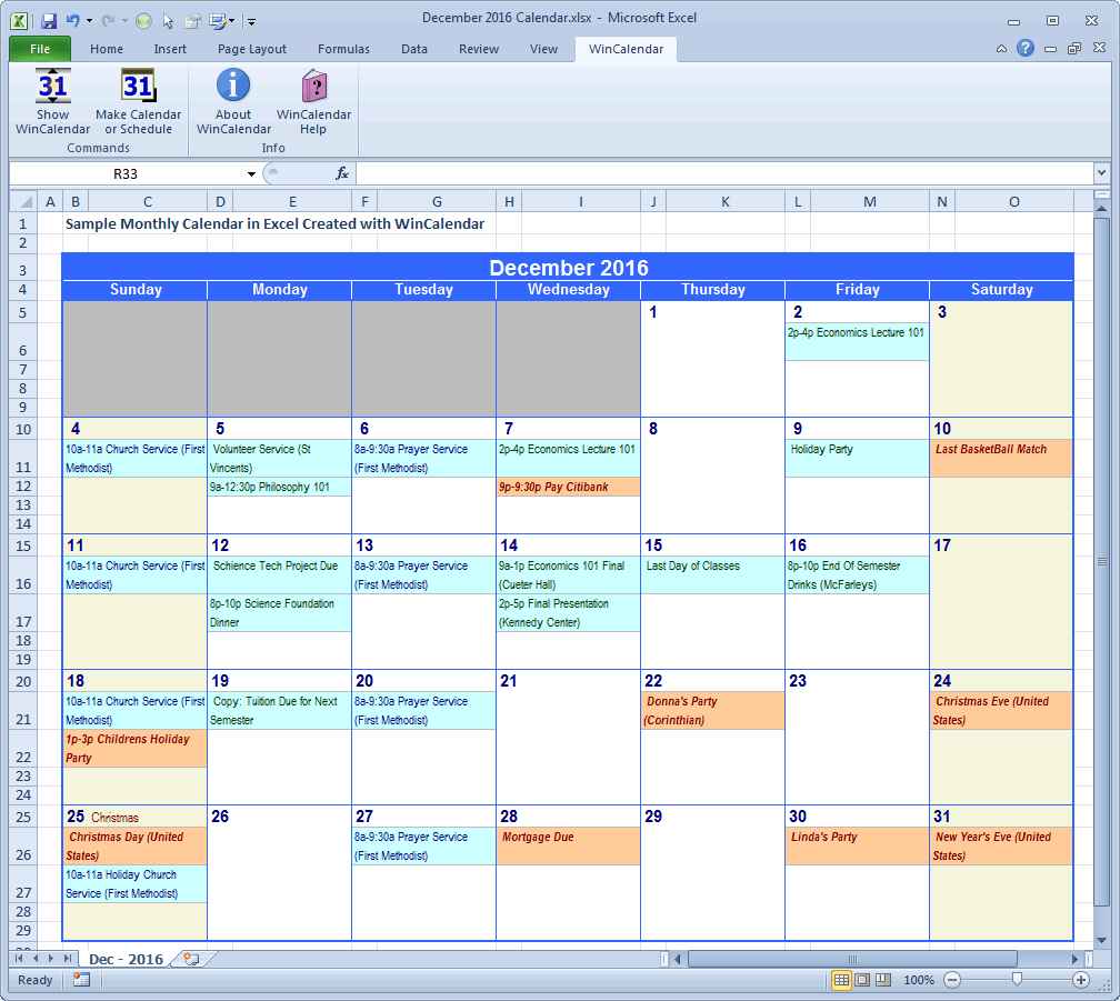 Calendar Spreadsheet