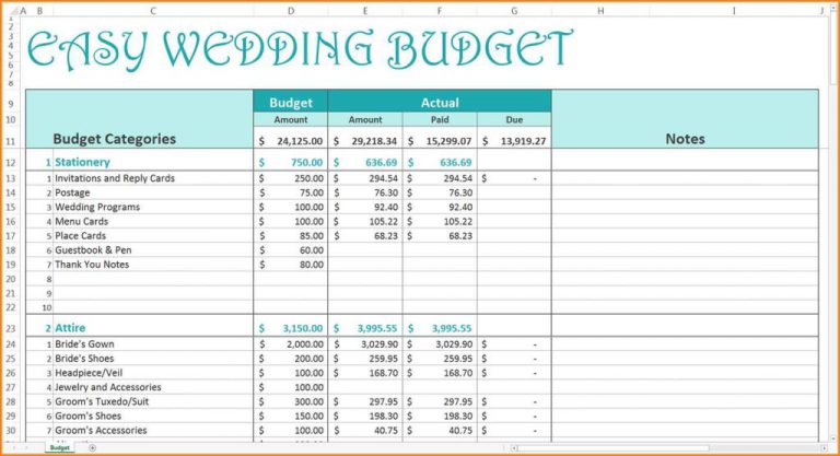 Sample Wedding Budget Spreadsheet Db excel