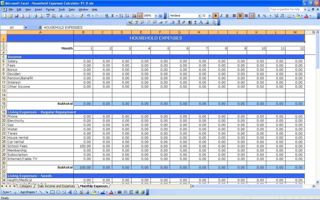 monthly business expense google sheet template