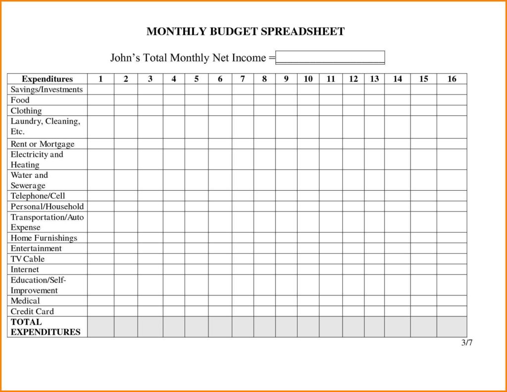 Monthly Bills Spreadsheet Template
