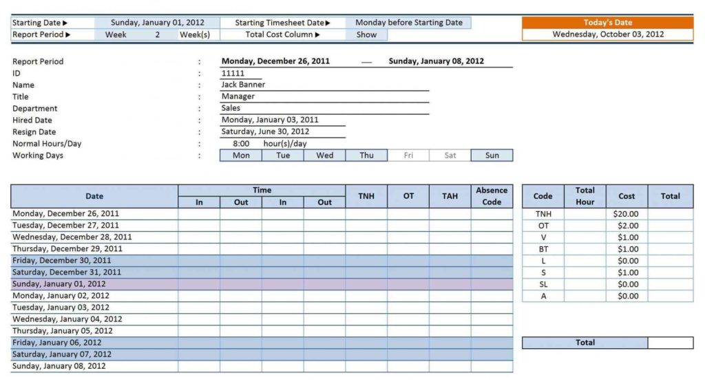 Contractor Timesheet Template Excel