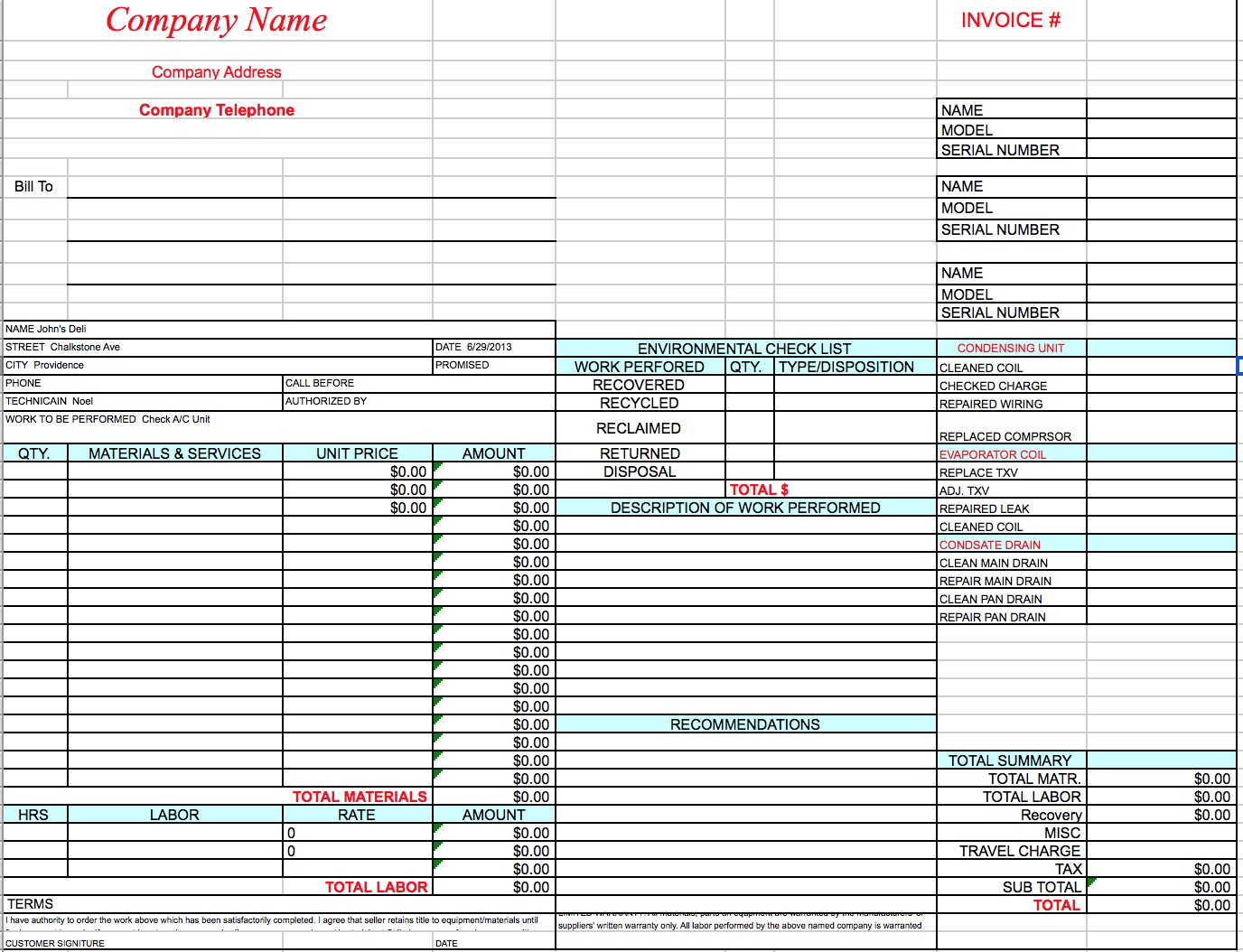 Labor Invoice Free Excel Template