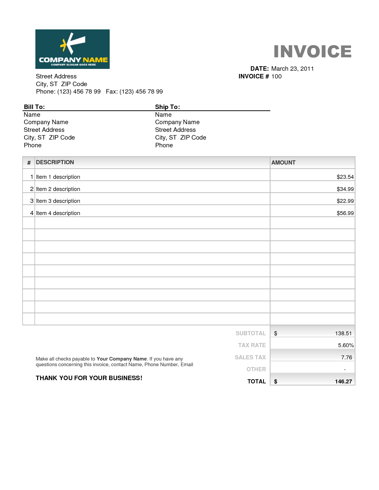 Invoice Template Excel Free Download Uk