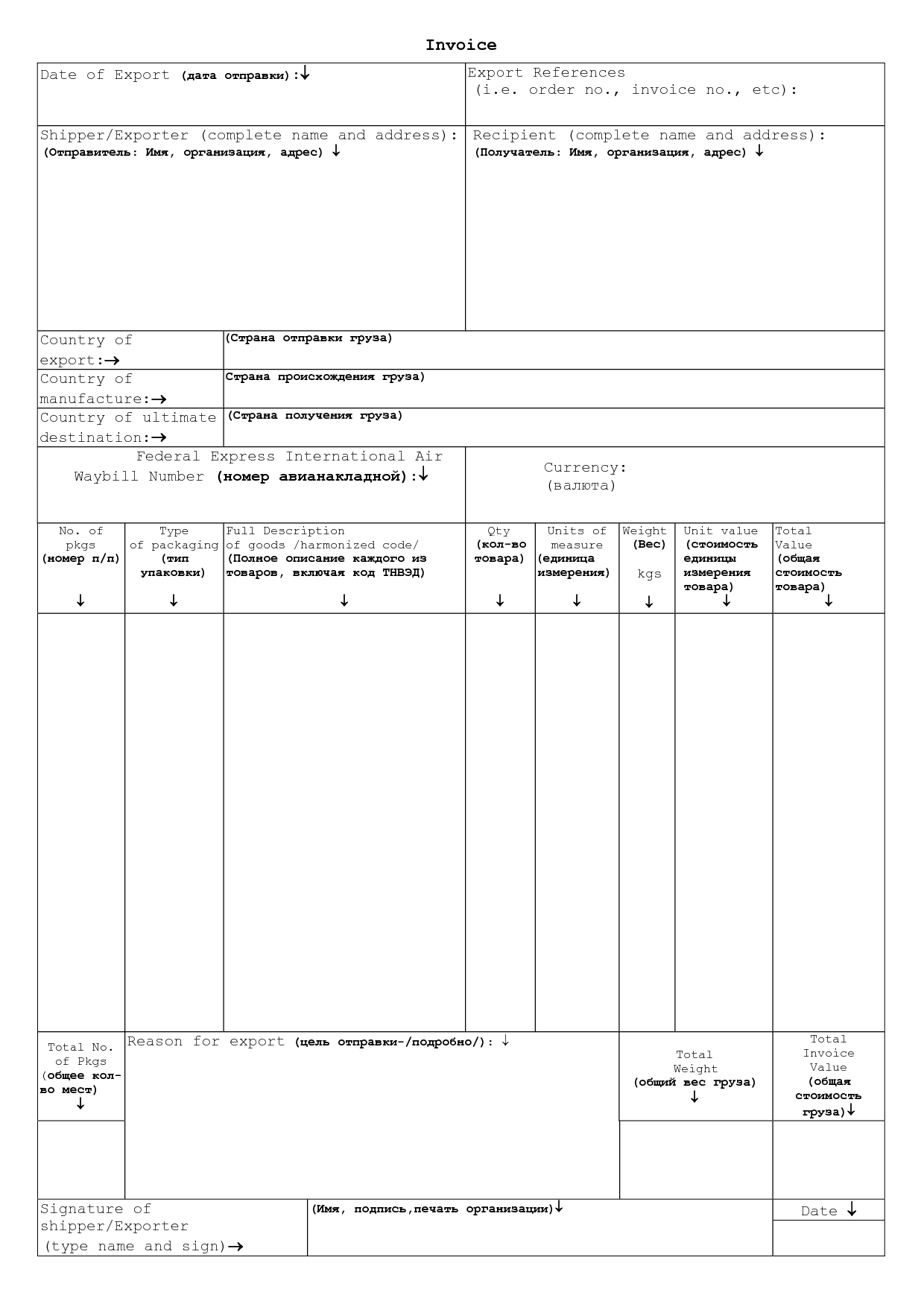 fedex commercial invoice template word