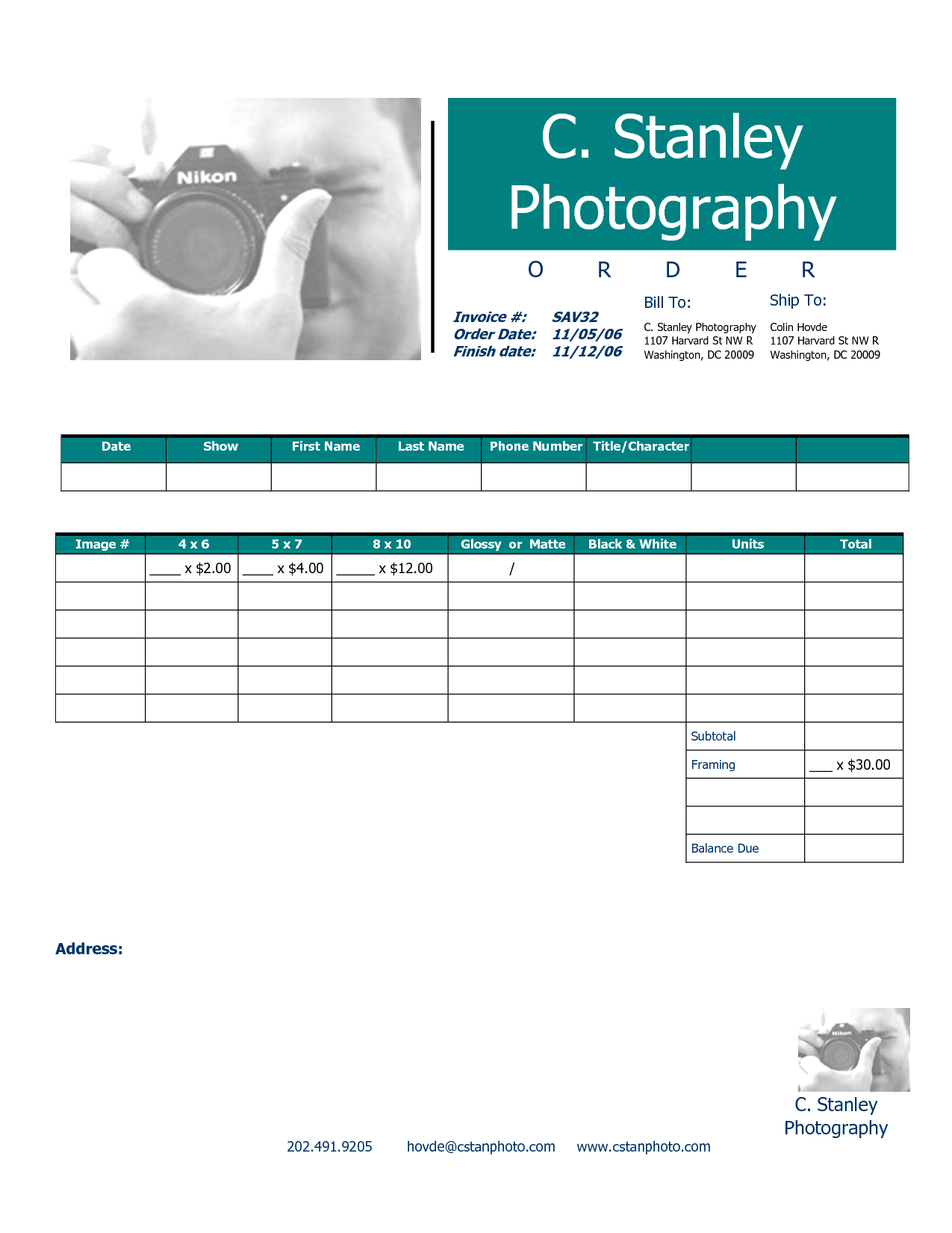 Free Photography Invoice Template 1