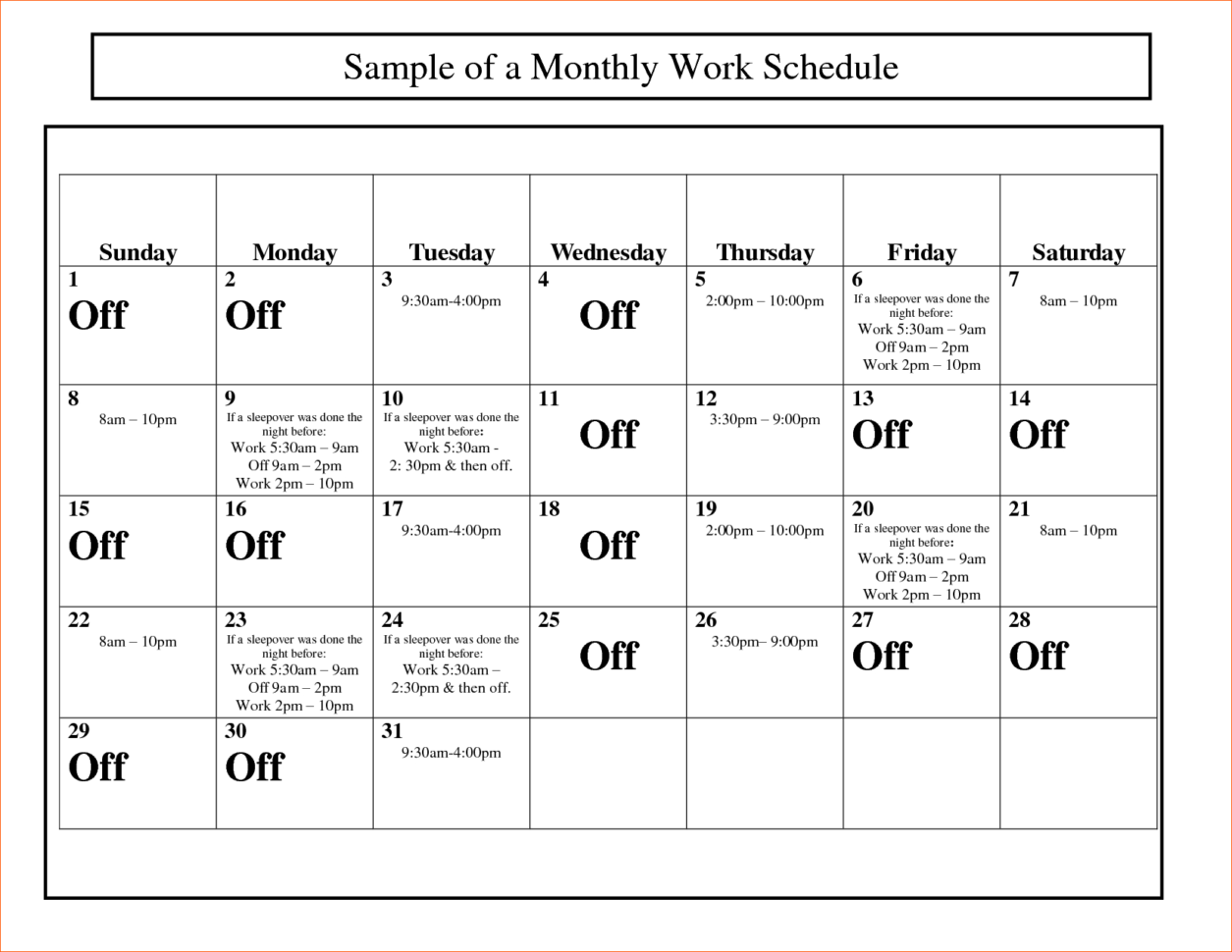 10+ Monthly Work Schedule Template | Memo Formats Throughout Monthly Staff Schedule Template