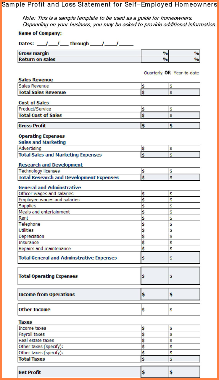 Simple Profit And Loss Statement Template For Self Employed Db excel