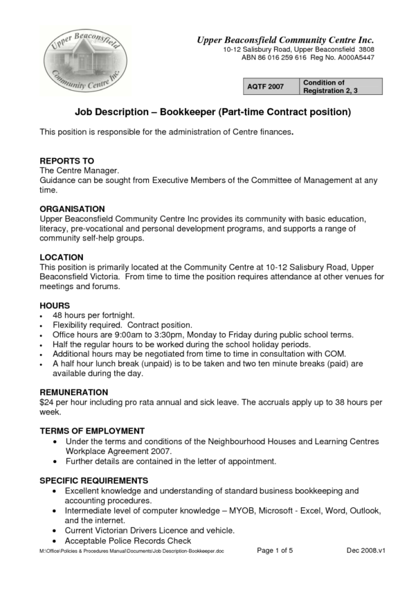 11 Bookkeeper Job Descriptions Samplebusinessresume With Bookkeeping