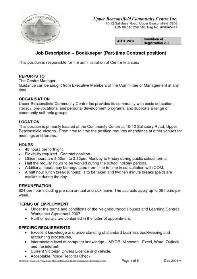 11 Bookkeeper Job Descriptions Samplebusinessresume With Bookkeeping Inside Bookkeeping Agreement Template