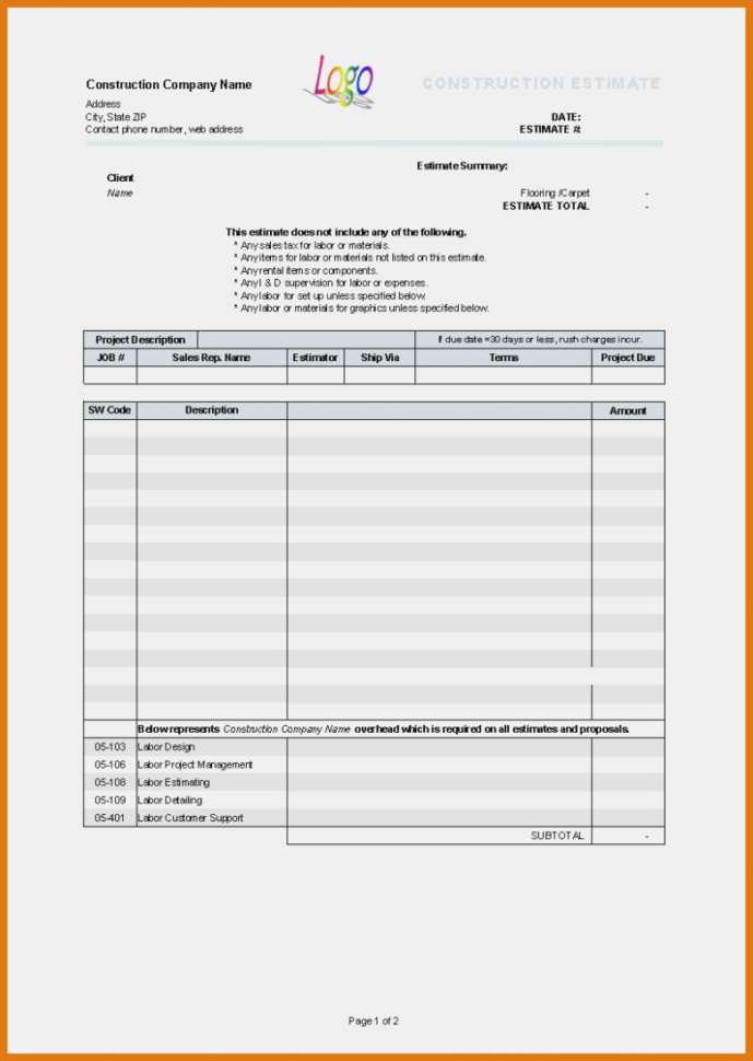 15 Contractor Estimate Template | Itinerary Template Sample – Free With Construction Estimate Forms Free