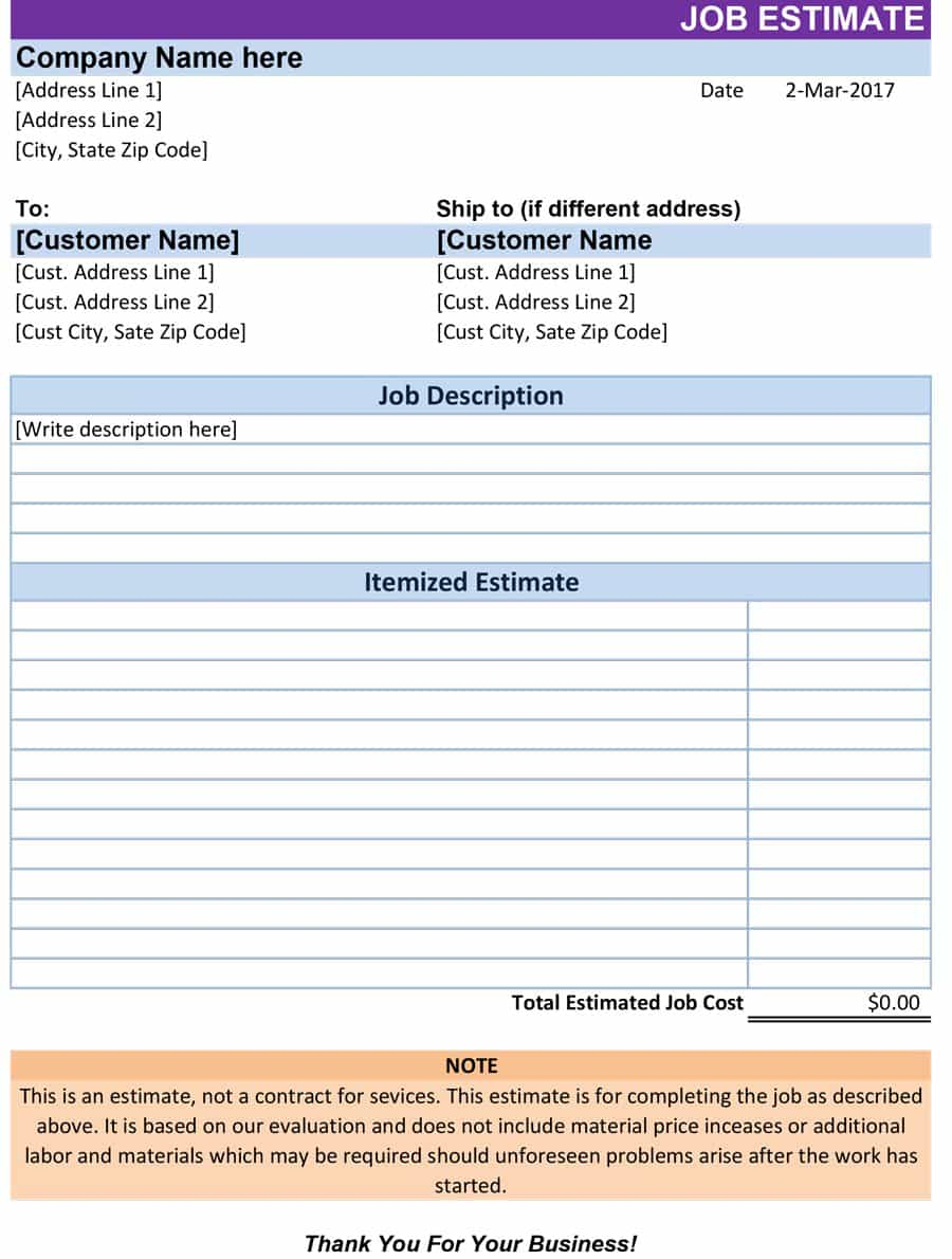 44 Free Estimate Template Forms [Construction, Repair, Cleaning] To Construction Job Estimate Template Free