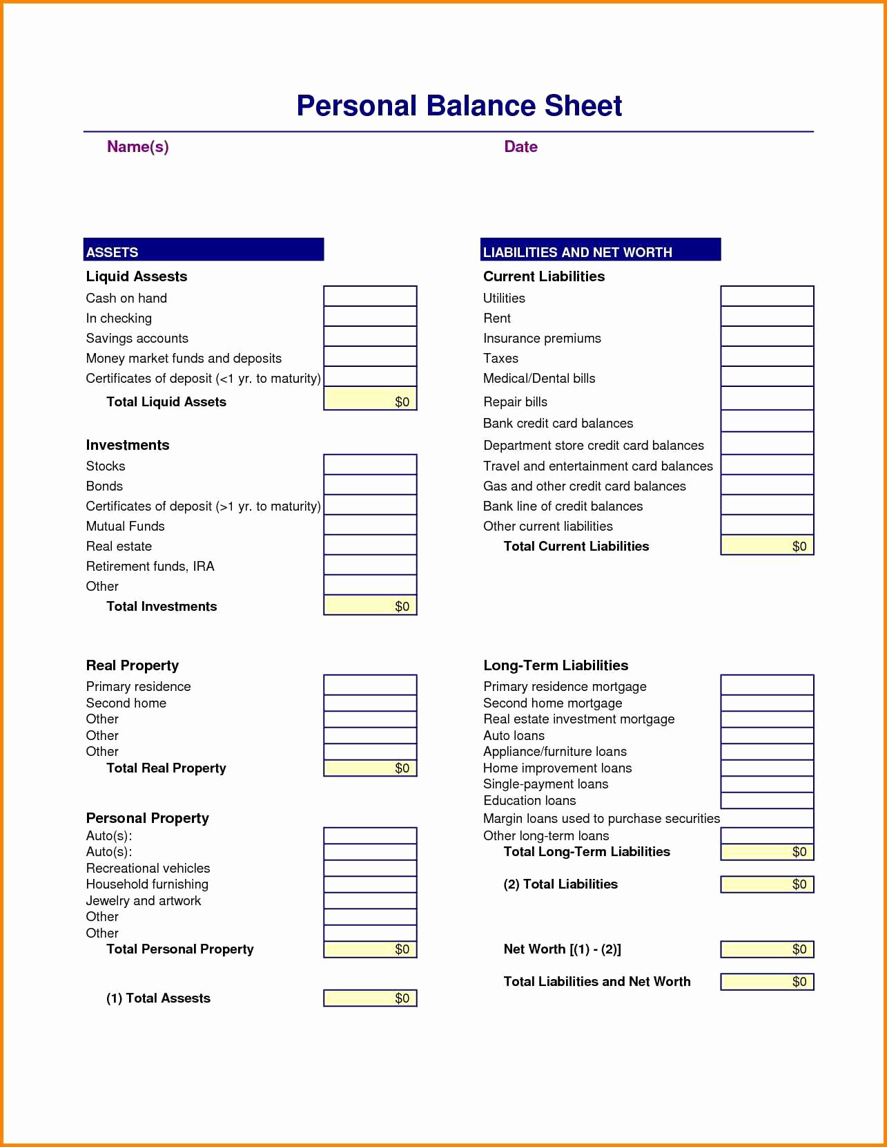 Assets And Liabilities Spreadsheet Template Fresh Personal Balance Intended For Personal Balance Sheet Template