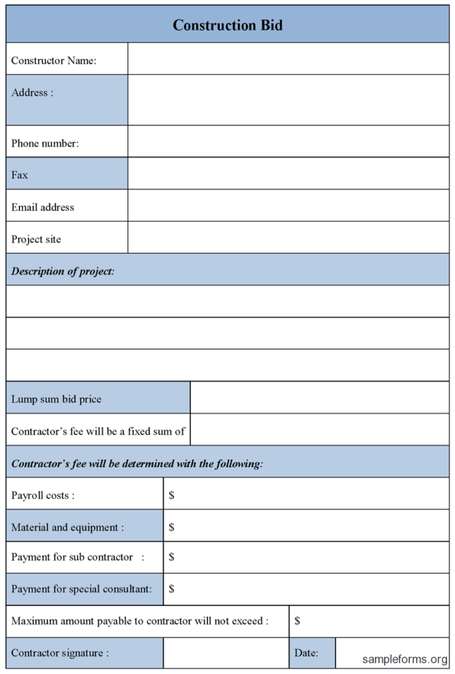 Best Photos Of Bid Form Template   Construction Bid Proposal Form With Construction Estimate Forms Templates