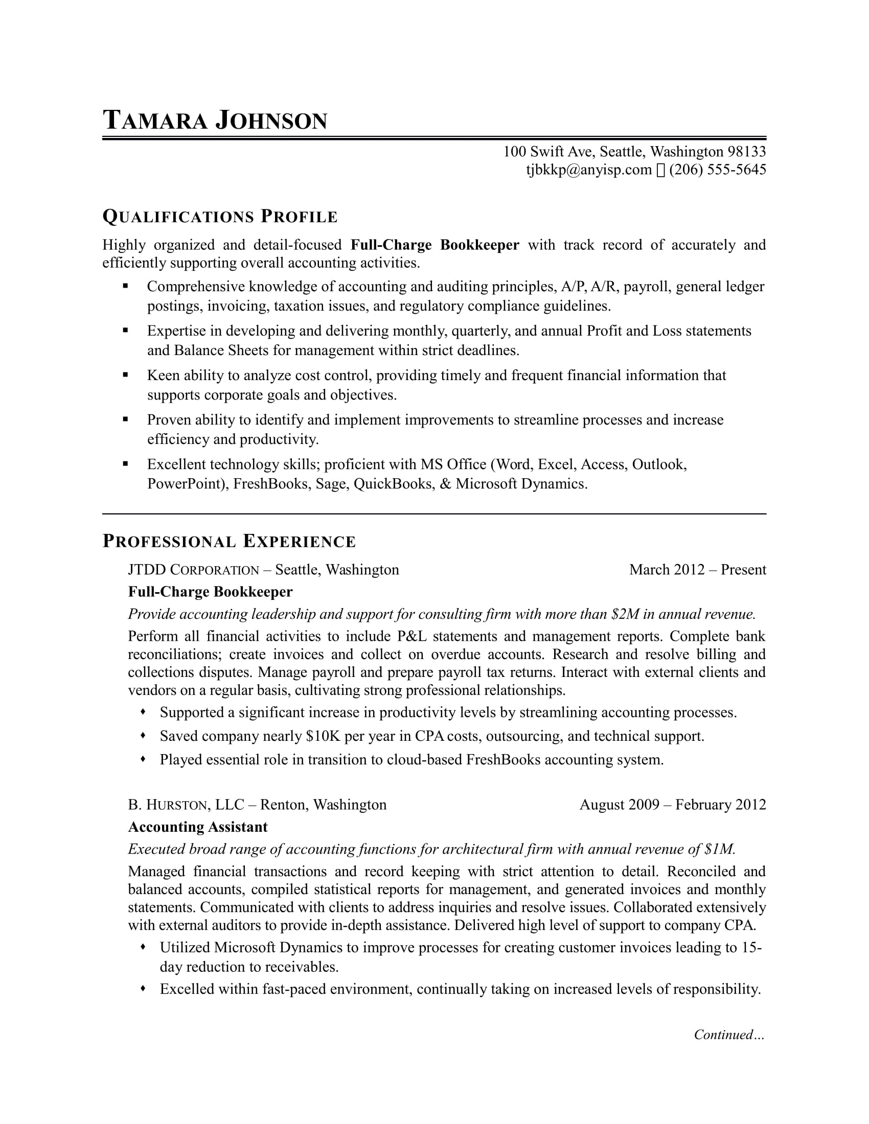 Bookkeeper Resume Sample | Monster For Bookkeeping Contract Template Canada