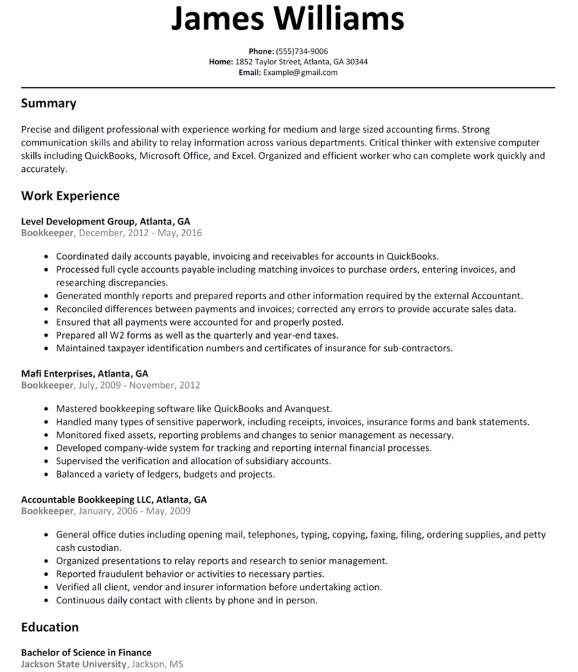 Bookkeeper Resume Sample   Resumelift In Bookkeeper Resume Sample Summary