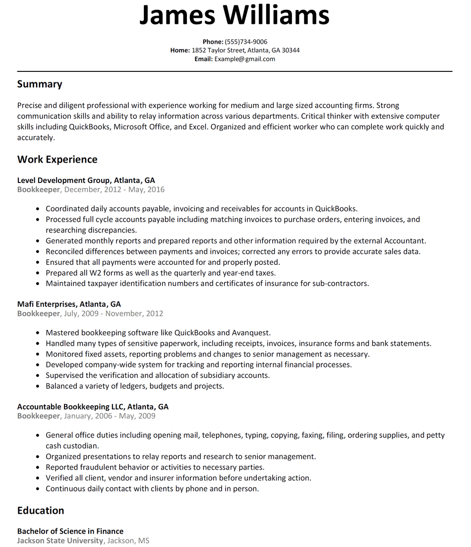 Bookkeeper Resume Sample - Resumelift With Bookkeeping Resume Templates