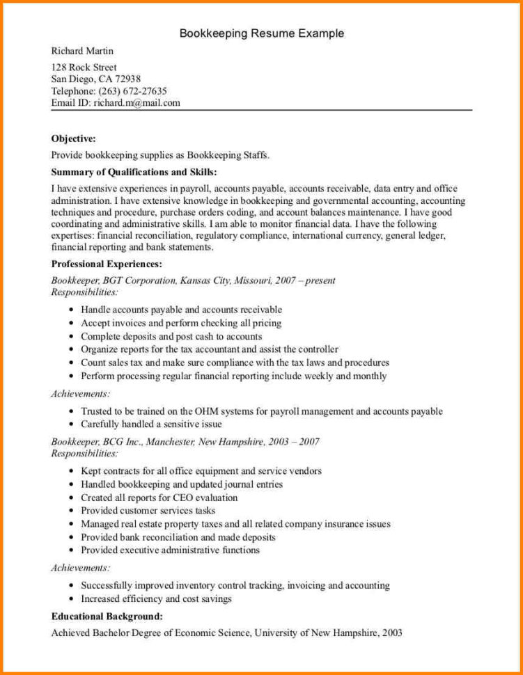 Bookkeeper Resume Sample Summary Bookkeeping Spreadshee bookkeeper ...