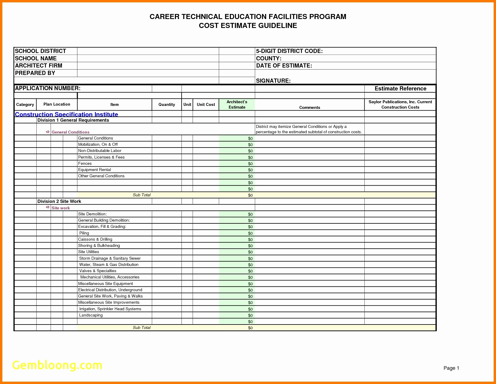 Commercial Construction Cost Estimate Spreadsheet New Building And