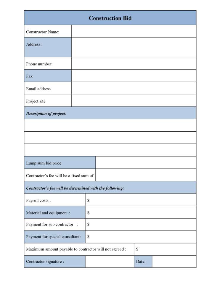 Construction Bid Form | Editable Forms With Construction Estimate Form Pdf