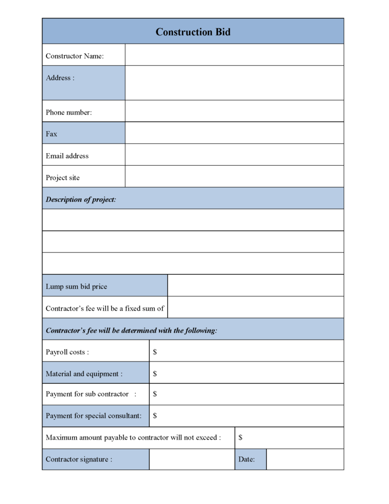 Construction Bid Form | Editable Forms with Construction Estimate Form