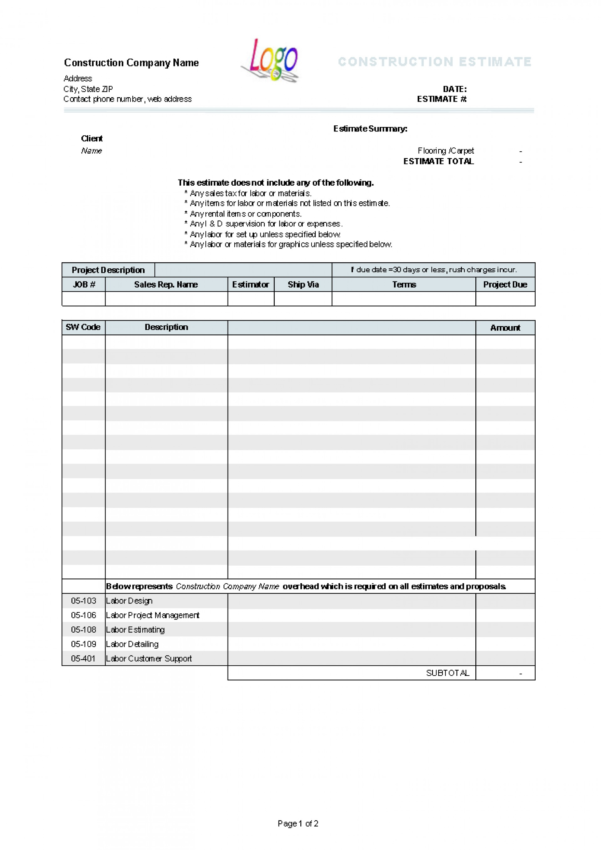 Construction Cost Estimate Breakdown Form Unforgettable Templates ...